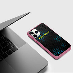 Чехол iPhone 11 Pro матовый Cyberpunk 2077: Blue Carbon, цвет: 3D-малиновый — фото 2