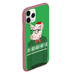 Чехол iPhone 11 Pro матовый New Year: Hipster Piggy, цвет: 3D-малиновый — фото 2