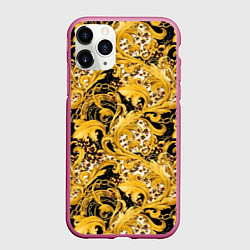 Чехол iPhone 11 Pro матовый Золотой лиственный узор, цвет: 3D-малиновый