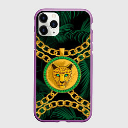 Чехол iPhone 11 Pro матовый Золотой леопард и цепь, цвет: 3D-фиолетовый