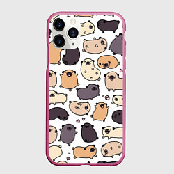 Чехол iPhone 11 Pro матовый Милые мопсы, цвет: 3D-малиновый