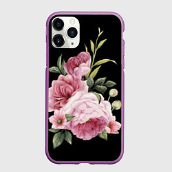 Чехол iPhone 11 Pro матовый Пионы на чёрном, цвет: 3D-фиолетовый