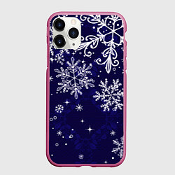 Чехол iPhone 11 Pro матовый Новогодние снежинки, цвет: 3D-малиновый