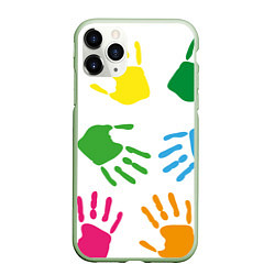Чехол iPhone 11 Pro матовый Цветные ладошки - Детский узор, цвет: 3D-салатовый
