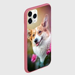 Чехол iPhone 11 Pro матовый Корги в розовом кусте, цвет: 3D-малиновый — фото 2