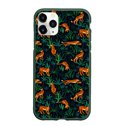 Чехол iPhone 11 Pro матовый Паттерн из Тигров и Растений, цвет: 3D-темно-зеленый