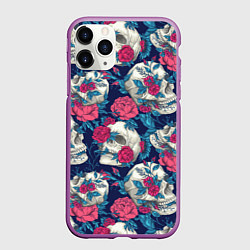 Чехол iPhone 11 Pro матовый Реалистичные черепа с розами, цвет: 3D-фиолетовый
