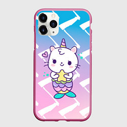 Чехол iPhone 11 Pro матовый Котик-рыбка-единорог, цвет: 3D-малиновый