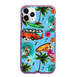 Чехол iPhone 11 Pro матовый Пальмы, волны, серфинг, цвет: 3D-фиолетовый