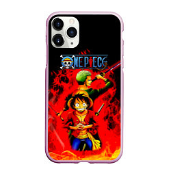 Чехол iPhone 11 Pro матовый Зоро и Луффи в огне One Piece, цвет: 3D-розовый