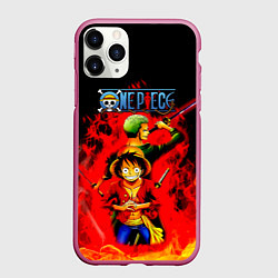 Чехол iPhone 11 Pro матовый Зоро и Луффи в огне One Piece, цвет: 3D-малиновый