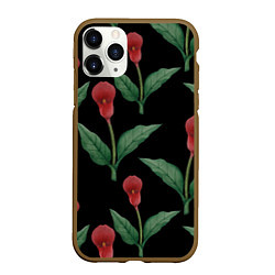 Чехол iPhone 11 Pro матовый Красные каллы на черном, цвет: 3D-коричневый