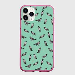 Чехол iPhone 11 Pro матовый Голуби на зеленом, цвет: 3D-малиновый