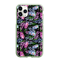 Чехол iPhone 11 Pro матовый Чудесные фрезии на черном, цвет: 3D-салатовый