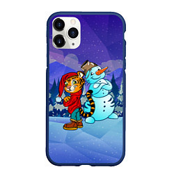 Чехол iPhone 11 Pro матовый Тигр и снеговик Новогодние, цвет: 3D-тёмно-синий