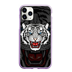 Чехол iPhone 11 Pro матовый ЧЁРНЫЙ ТИГР BLACK TIGER УЗОР, цвет: 3D-сиреневый