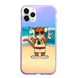 Чехол iPhone 11 Pro матовый Тигр в отпуске на новый год на море, цвет: 3D-светло-сиреневый
