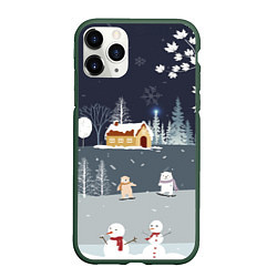 Чехол iPhone 11 Pro матовый Снеговики и Мишки 2022, цвет: 3D-темно-зеленый