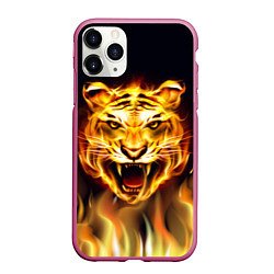 Чехол iPhone 11 Pro матовый Тигр В Пламени, цвет: 3D-малиновый