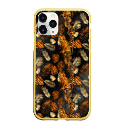 Чехол iPhone 11 Pro матовый Тигры и листья Тропики, цвет: 3D-желтый