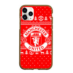 Чехол iPhone 11 Pro матовый FC Manchester United: Новогодний узор, цвет: 3D-коричневый