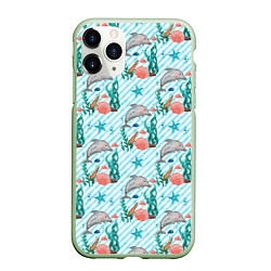 Чехол iPhone 11 Pro матовый Дельфины Море, цвет: 3D-салатовый