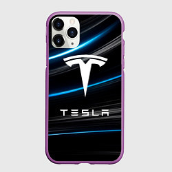 Чехол iPhone 11 Pro матовый Tesla - Неоновые полосы, цвет: 3D-фиолетовый