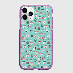 Чехол iPhone 11 Pro матовый Кавайные суши и роллы с глазами, цвет: 3D-фиолетовый