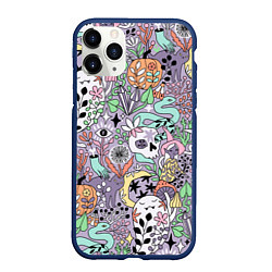 Чехол iPhone 11 Pro матовый Хэллоуин Ведьма, кот, череп, тыква, призрак и гриб, цвет: 3D-тёмно-синий