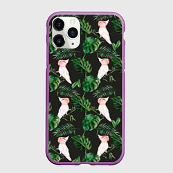 Чехол iPhone 11 Pro матовый Белые попугаи и листья, цвет: 3D-фиолетовый