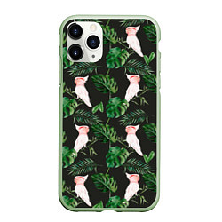 Чехол iPhone 11 Pro матовый Белые попугаи и листья, цвет: 3D-салатовый