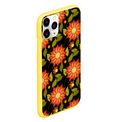 Чехол iPhone 11 Pro матовый Оранжевые цветы на черном фоне, цвет: 3D-желтый — фото 2