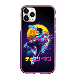 Чехол iPhone 11 Pro матовый CHAINSAW MAN on the background of the moon, цвет: 3D-фиолетовый