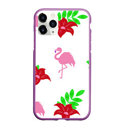 Чехол iPhone 11 Pro матовый Розовый фламинго с цветами, цвет: 3D-фиолетовый