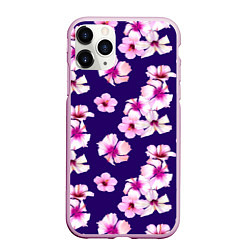 Чехол iPhone 11 Pro матовый Цветы Розовые Гибискус На Синем Фоне, цвет: 3D-розовый
