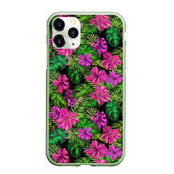 Чехол iPhone 11 Pro матовый Тропические листья и цветы на черном фоне, цвет: 3D-салатовый