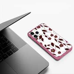 Чехол iPhone 11 Pro матовый Розовые цветы вишни на светлом фоне, цвет: 3D-малиновый — фото 2