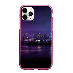 Чехол iPhone 11 Pro матовый Неоновый город с рекой - Фиолетовый, цвет: 3D-малиновый