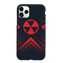 Чехол iPhone 11 Pro матовый Красный Символ Fallout на темном фоне со стрелками, цвет: 3D-черный
