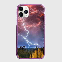 Чехол iPhone 11 Pro матовый Грозовые разряды молний над лесом, цвет: 3D-фиолетовый