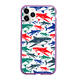 Чехол iPhone 11 Pro матовый Стая разноцветных акул - паттерн, цвет: 3D-фиолетовый