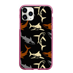 Чехол iPhone 11 Pro матовый Стая акул - паттерн - ночной океан, цвет: 3D-малиновый