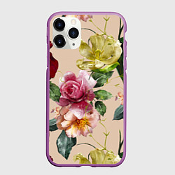 Чехол iPhone 11 Pro матовый Цветы Нарисованные Красные Розы и Лилии, цвет: 3D-фиолетовый