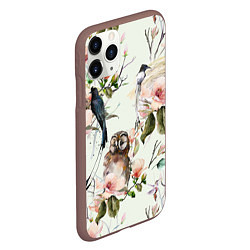 Чехол iPhone 11 Pro матовый Цветы Нарисованные Магнолии и Птицы, цвет: 3D-коричневый — фото 2