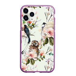 Чехол iPhone 11 Pro матовый Цветы Нарисованные Магнолии и Птицы, цвет: 3D-фиолетовый