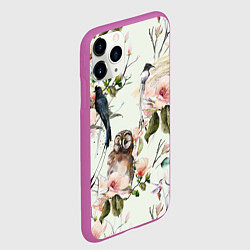Чехол iPhone 11 Pro матовый Цветы Нарисованные Магнолии и Птицы, цвет: 3D-фиолетовый — фото 2