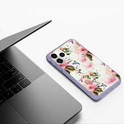 Чехол iPhone 11 Pro матовый Цветы Нарисованные Магнолии и Разноцветные Птицы, цвет: 3D-светло-сиреневый — фото 2
