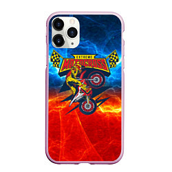 Чехол iPhone 11 Pro матовый Extreme motocross: мотоциклист на фоне огня, цвет: 3D-розовый