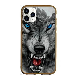Чехол iPhone 11 Pro матовый Агрессивный волк с синими глазами, цвет: 3D-коричневый