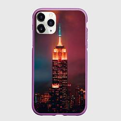 Чехол iPhone 11 Pro матовый Неоновая ночная башня в городе, цвет: 3D-фиолетовый